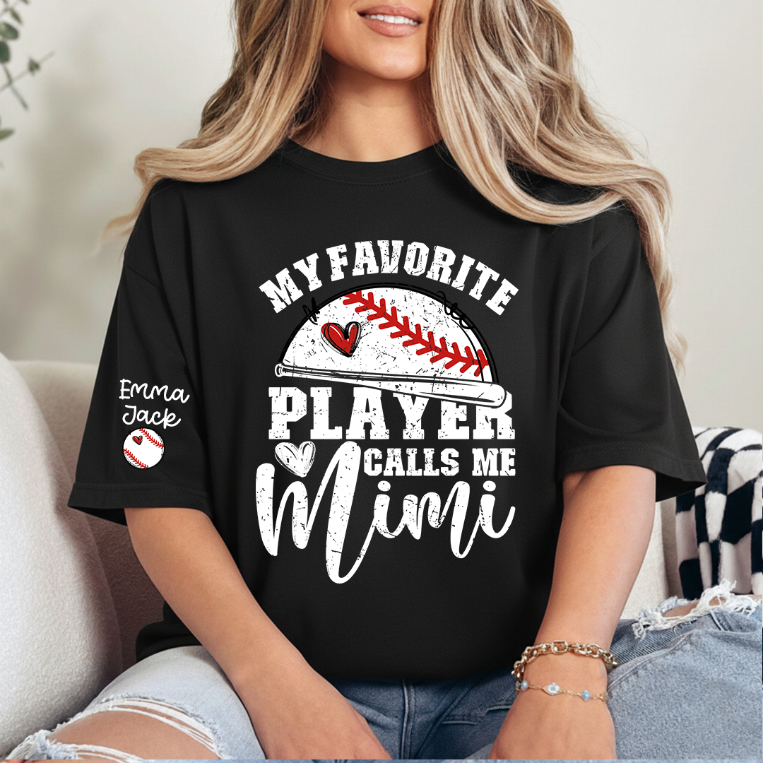 My Favorite Player Calls Me Mimi Shirt, Personalized Baseball T Shirt with Grandkids Names