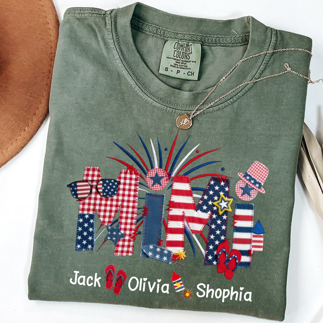 Comfort Colors Mimi Custom T Shirt with Patriotic Design & Grandkids' Names, Perfect for 4th of July