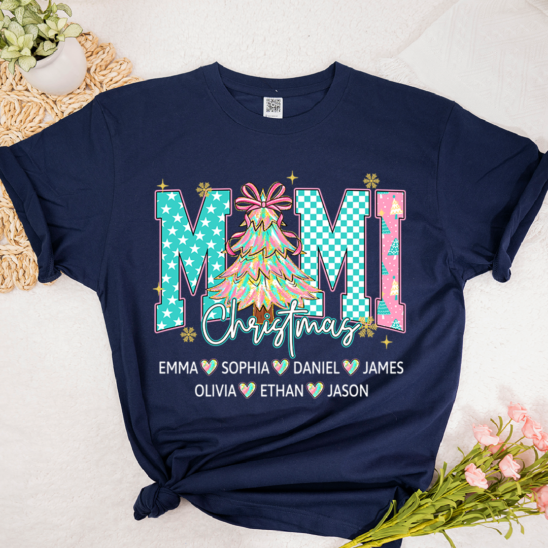 Christmas Tree Mimi T-Shirt, Custom Family Name for Grandma And Kids