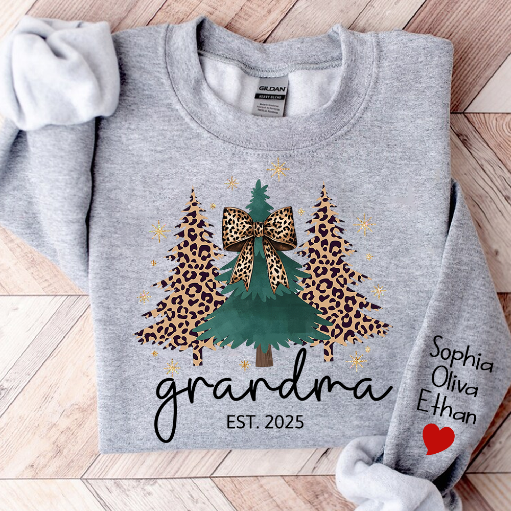 Christmas Sweater Printed with Personalized Name, Leopard Christmas Tree Personalized Gift for Grandma