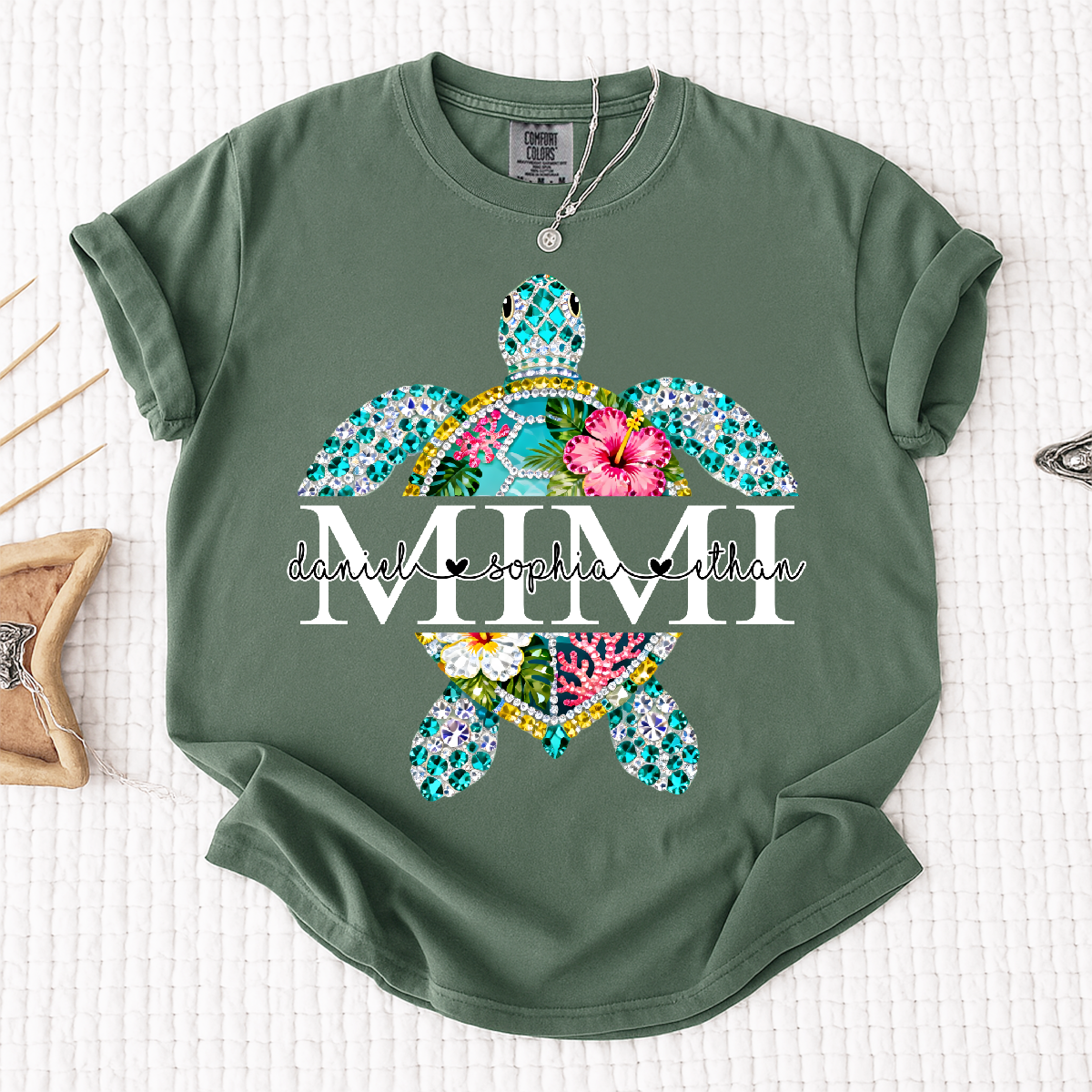 Comfort Colors Custom Mimi Turtle Monogram Shirt – Personalized Family Name Turtle Graphic Tee, Ocean Lover Gift for Women