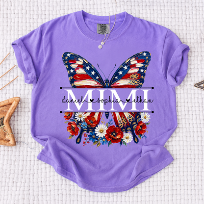 Comfort Custom Mimi T Shirt with Grandkids Names, American Flag Butterfly Family Tee