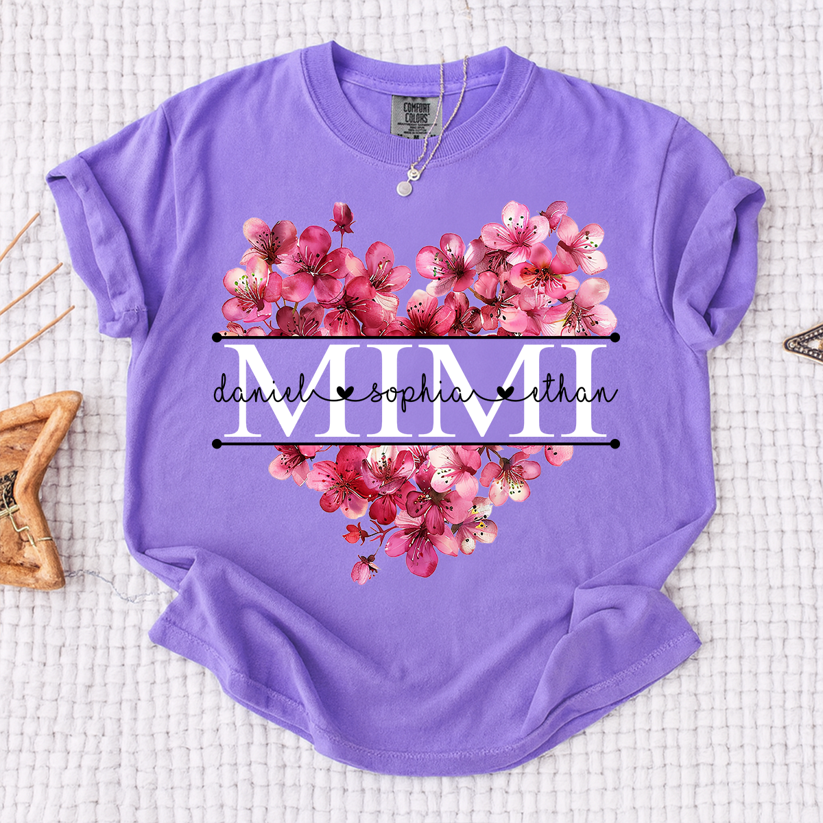 Comfort Personalized Mimi Shirt with Grandkids Names, Pink Floral Heart Family T Shirt