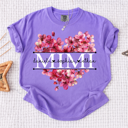 Comfort Personalized Mimi Shirt with Grandkids Names, Pink Floral Heart Family T Shirt