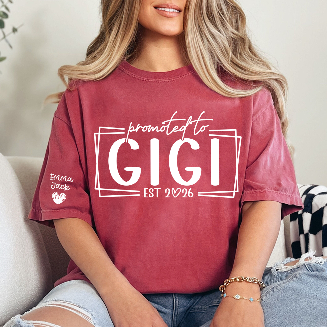 Promoted To Gigi Est 2026 Shirt, Personalized Grandkids Names Sleeve Tee, New Gigi Gift, First Time Grandma Announcement Shirt