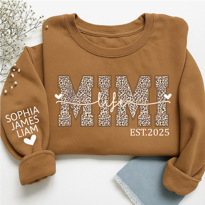 Mimi Life Leopard Sweatshirt, Personalized Grandma Est With Grandchildren Names