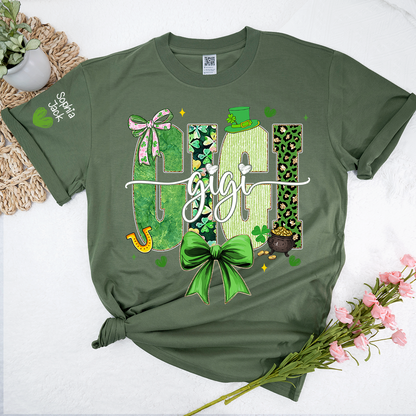 Gigi St Patrick’s Day Shirt, Green Shamrock Bow Family T Shirt, For Gift Gigi And Kids