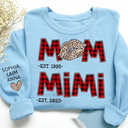 Personalized Mom Mimi Sweatshirt, Custom Leopard Lips Plaid Letters