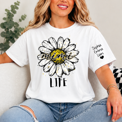 Personalized Mimi Life Daisy Shirt, Custom Grandma T-Shirt with Kids Names on Sleeve, Floral Family Name Tee Gift for Grandma, Nana Shirt
