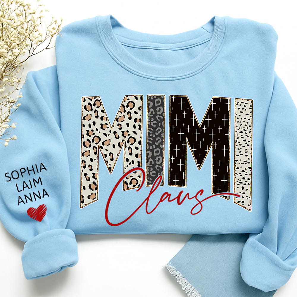 Personalized Mimi Claus Leopard Sweatshirt – Custom Bible Style Design, Unique Gift for Grandma and Her Grandkids