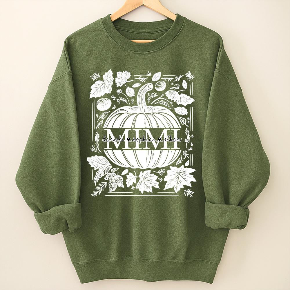 Custom Mimi Autumn Sweatshirt, Pumpkin and Leaf Design with Grandkids Names, Personalized Grandma Fall Apparel