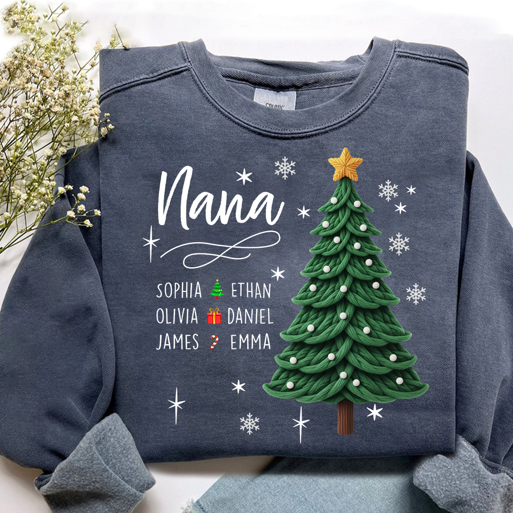 Nana Christmas Sweatshirt with Grandkids’ Names, Cute Tree Holiday Gift