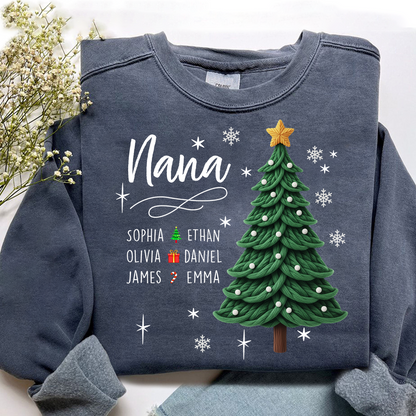 Nana Christmas Sweatshirt with Grandkids’ Names, Cute Tree Holiday Gift
