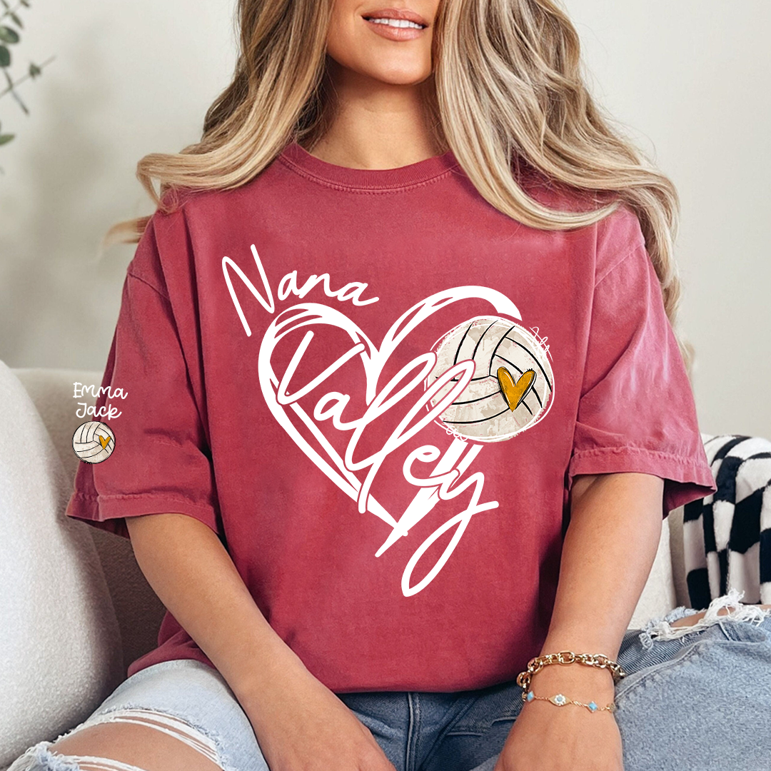 Personalized Nana Volleyball T Shirt, Custom Names with Heart and Volleyball Graphic
