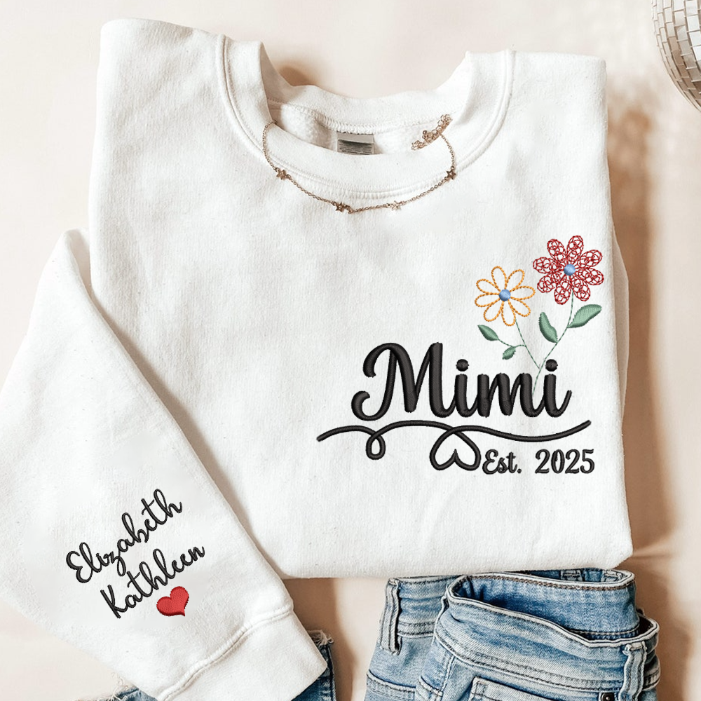 Personalized Embroidered Name Sweatshirts with Flowers, Gifts For Grandma And Kids