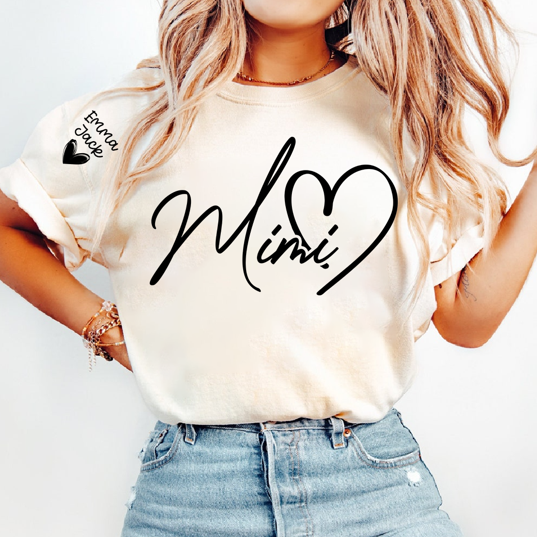 Personalized Family Mimi T Shirt with Custom Names, Simple Script Heart Design