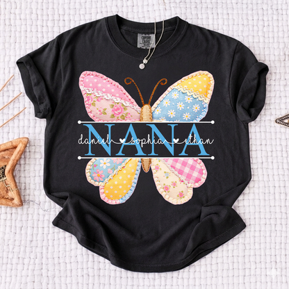 Comfort Colors Vibrant Mimi Shirt with Pink and Yellow Butterfly Patchwork, Custom Grandkids Names
