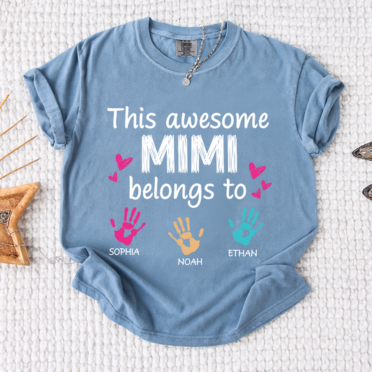 Comfort Colors Custom This Awesome Mimi Belongs to T-shirt with Handprint Design and Grandkids' Names
