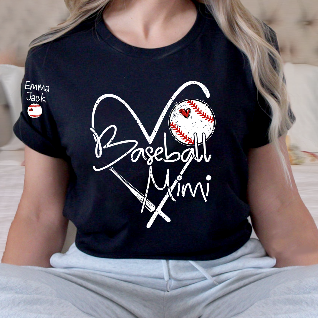 Baseball Mimi Shirt Personalized with Grandkids Names, Heart and Bat Sports Family T Shirt