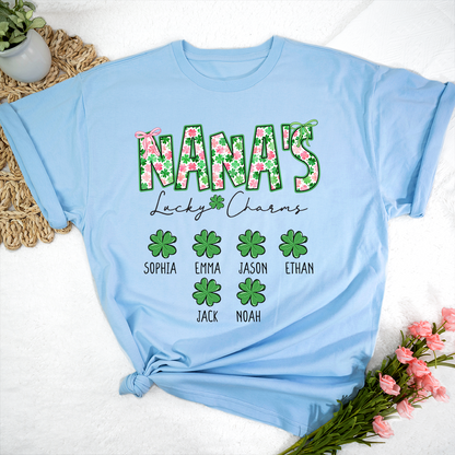 Nana’s Lucky Charms Shirt, Personalized St Patrick’s Day Shamrock Family T-Shirt