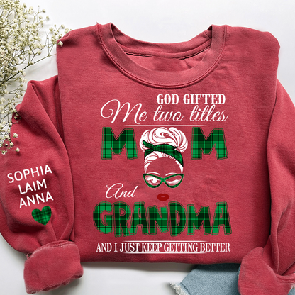 Personalized Mom & Grandma Sweatshirt – “God Gifted Me Two Titles” Custom Family Design, Perfect Christmas Gift for Her