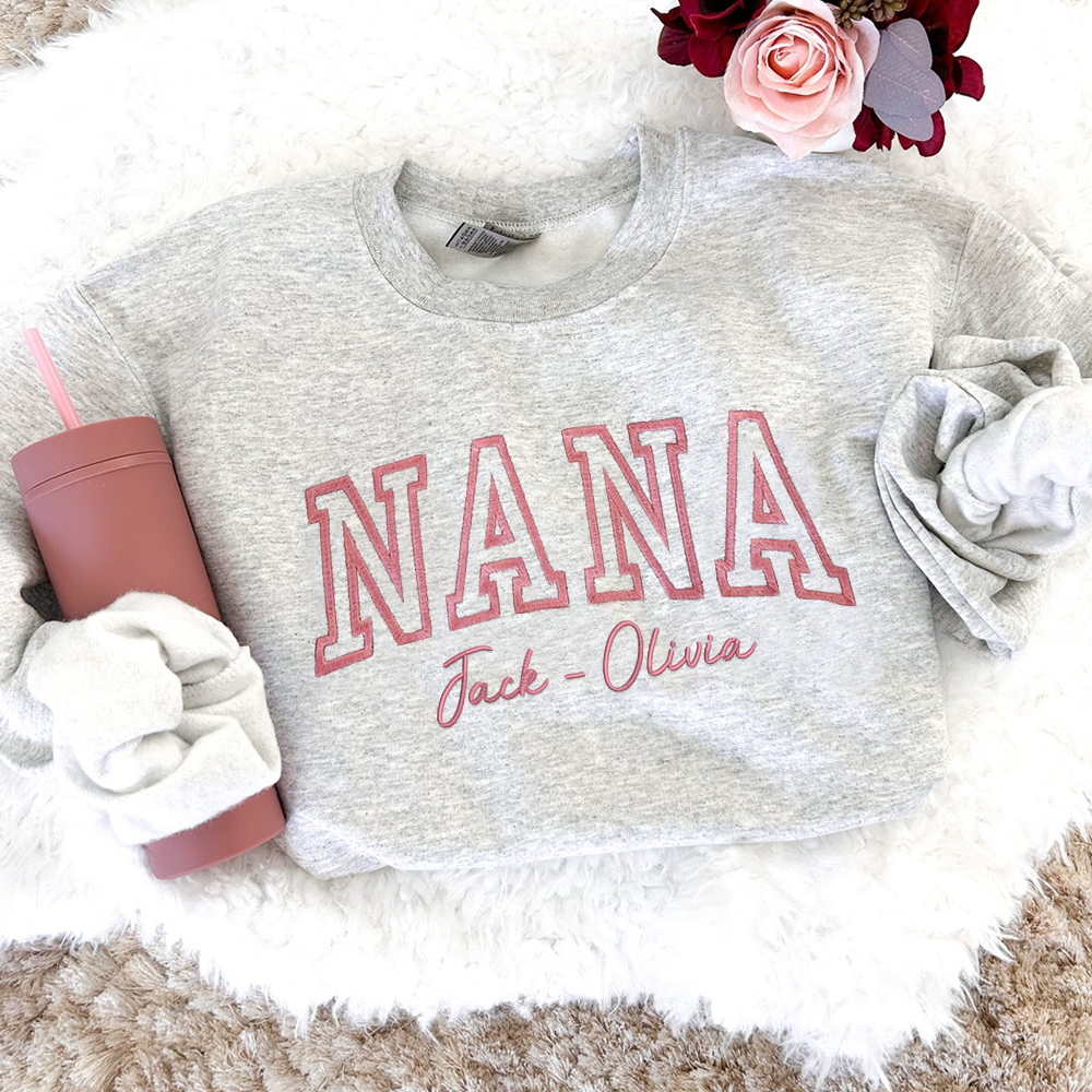 Custom Embroidered Nana With Grandkids Name on Sleeve Sweatshirt, Personalized Grandma Sweatshirt, Mothers Day Gift for Mom Grandma Mimi Nana Gigi Gaga