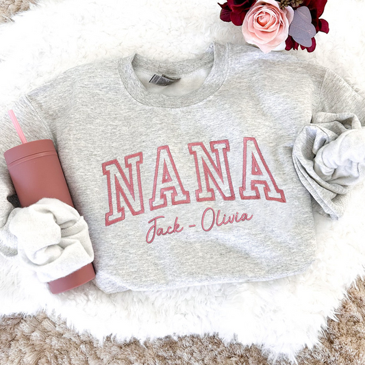 Custom Embroidered Nana With Grandkids Name on Sleeve Sweatshirt, Personalized Grandma Sweatshirt, Mothers Day Gift for Mom Grandma Mimi Nana Gigi Gaga