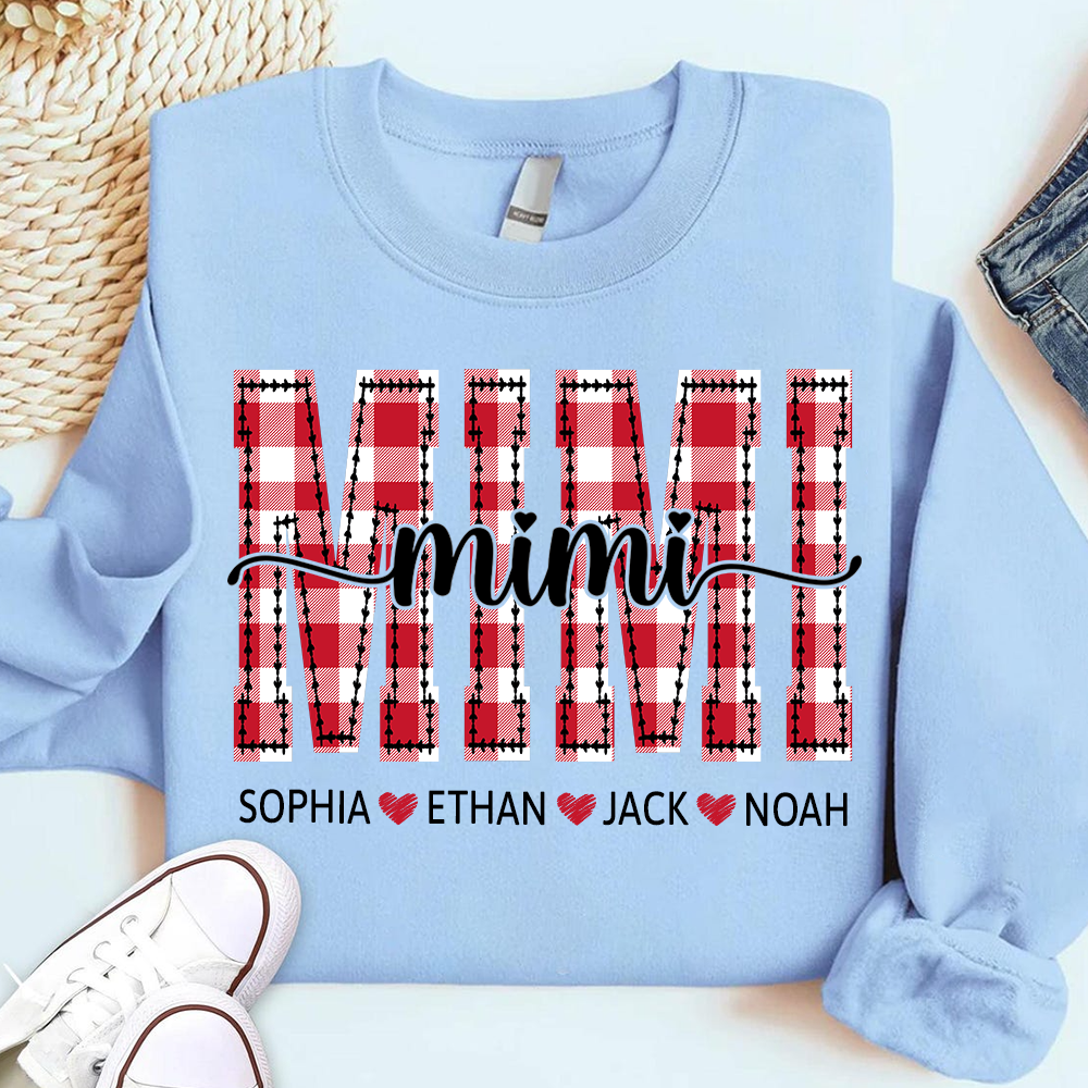 Personalized Gigi Grandma Sweatshirt, Plaid Holiday Shirt with Grandchildren Names