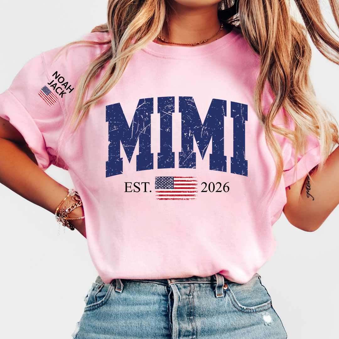 Patriotic Mimi T Shirt, Vintage American Flag Design with Custom Grandkids Names