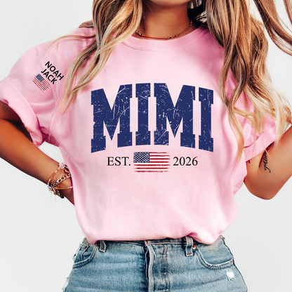 Patriotic Mimi T Shirt, Vintage American Flag Design with Custom Grandkids Names