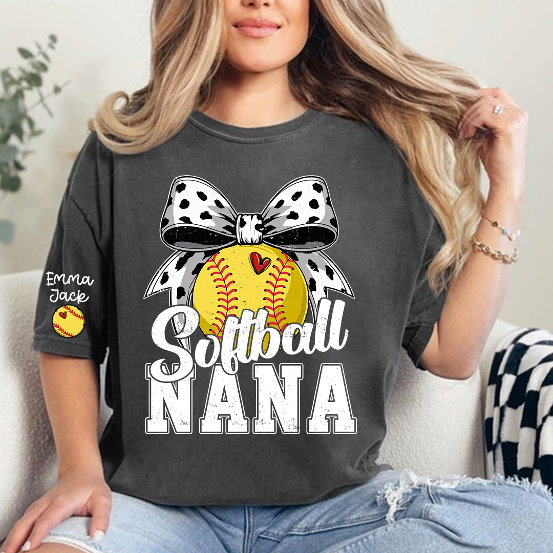Proud Softball Nana T Shirt, Personalized Kids Names Sports Shirt with Bow Graphic
