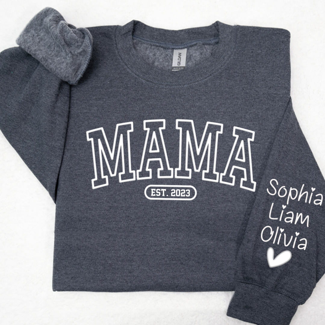 Mama Sweatshirt With Personalized Child's Name Embossed On Sleeve, Mother's Day Gift LTP01