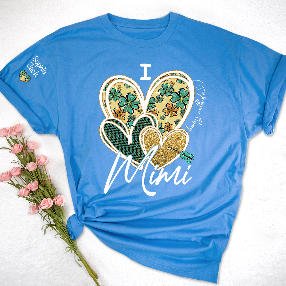 I Love to Be Called Mimi Heart Design T-shirt For St. Patrick's Day, Personalized Clover Design T-shirt for Grandma with Grandchildren's Names