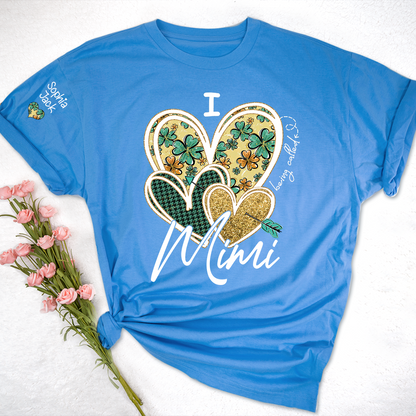 I Love to Be Called Mimi Heart Design T-shirt For St. Patrick's Day, Personalized Clover Design T-shirt for Grandma with Grandchildren's Names
