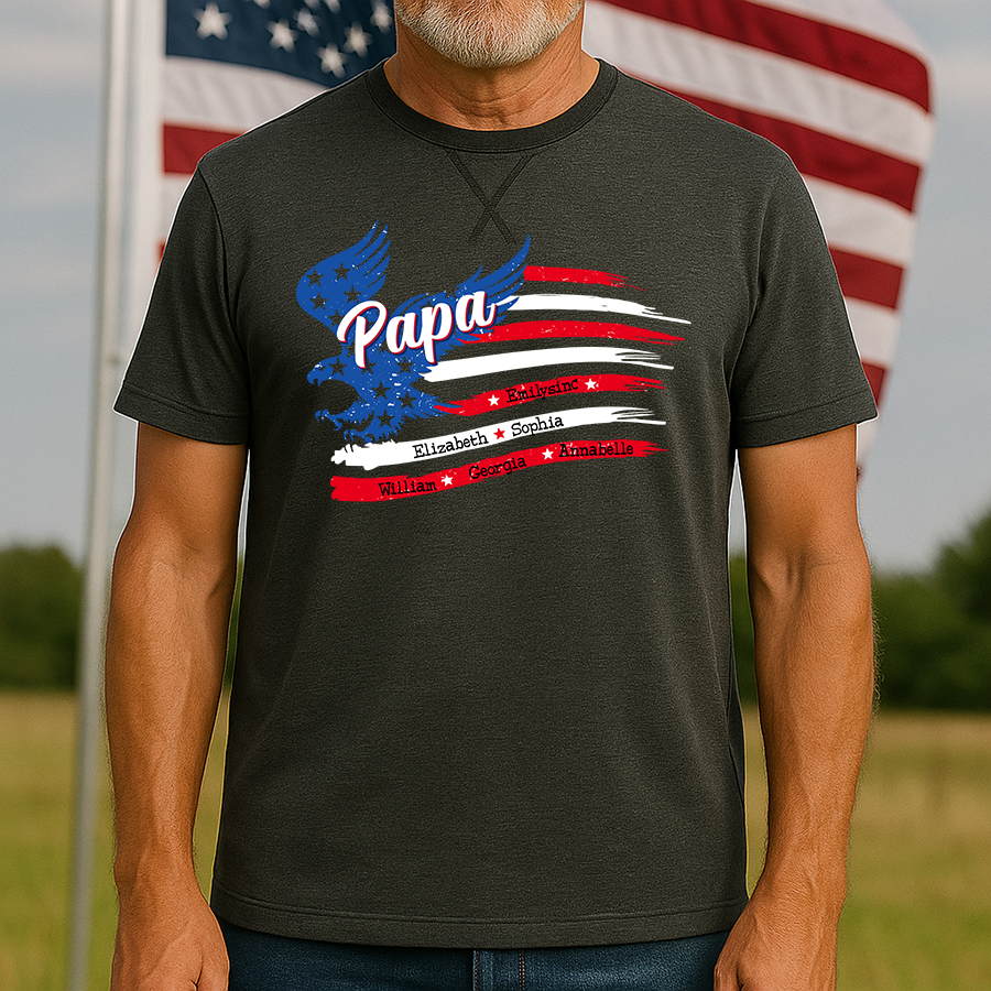 Papa With Grandkids Names 4th Of July Classic X-Stitch Tee