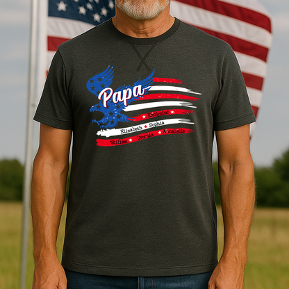 Papa With Grandkids Names 4th Of July Classic X-Stitch Tee