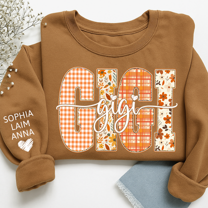 Personalized Gigi Crewneck for Grandma – Fall Colors with Kids' Names on Sleeve
