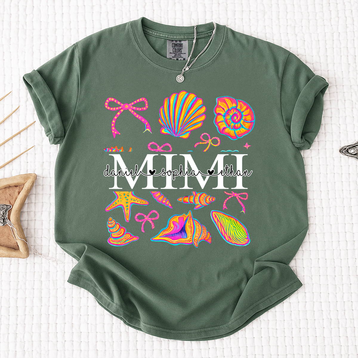Comfort Colors Personalized Mimi Shirt with Names, Vibrant Seashell Beach Design Tee, Summer Family Gathering Outfit for Women