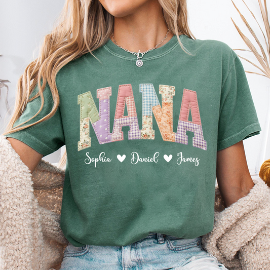 Personalized NANA Shirt – Cute Patchwork Design with Names of Loved Ones, Perfect for Grandmother