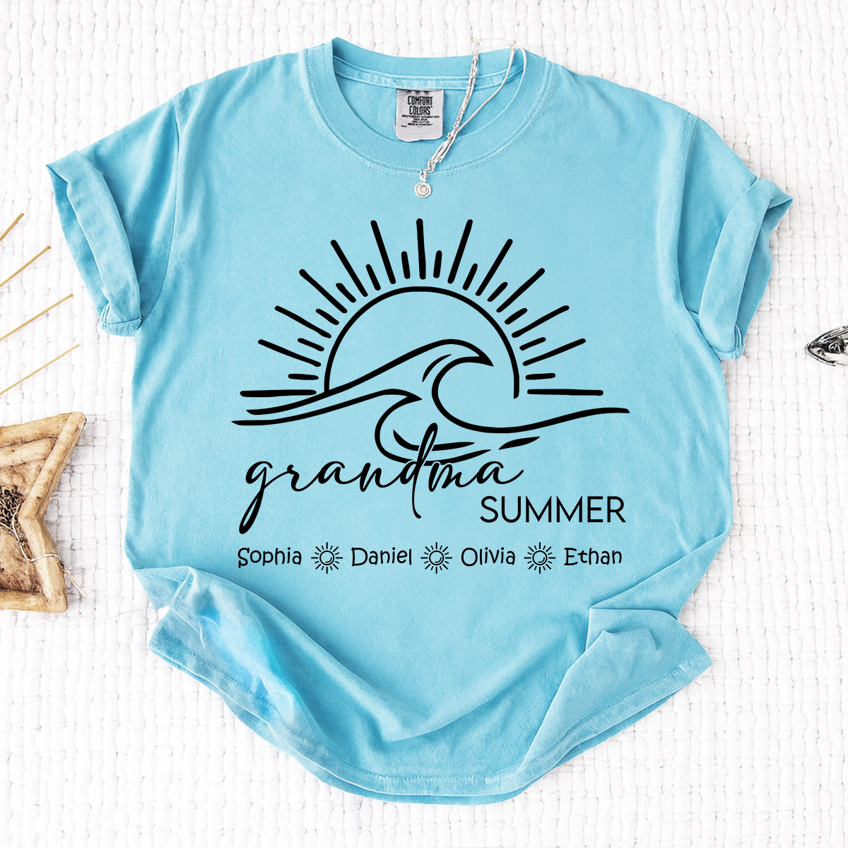 Comfort Colors Personalized Grandma Summer Shirt, Custom Grandkids Names Wave T-Shirt, Beach Vacation Grandma Gift, Family Matching Tee