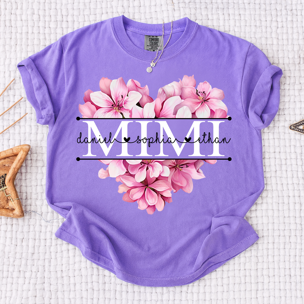 Comfort Colors Pink Floral Heart Design Family Tee, Personalized Mimi Shirt with Custom Names