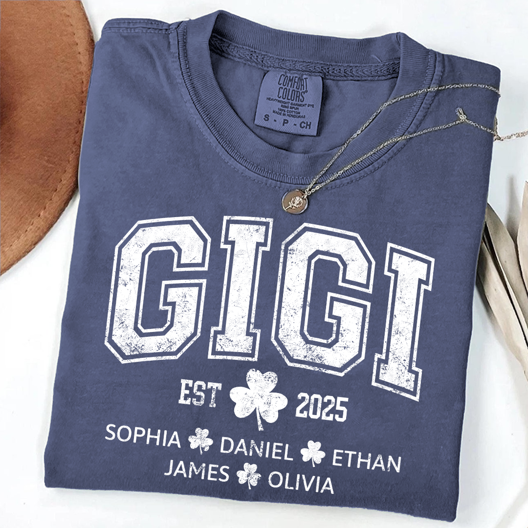 Comfort Colors St Patrick’s Day Gigi Shirt Est 2025, Custom Grandma T Shirt with Kids Names Shamrock Design