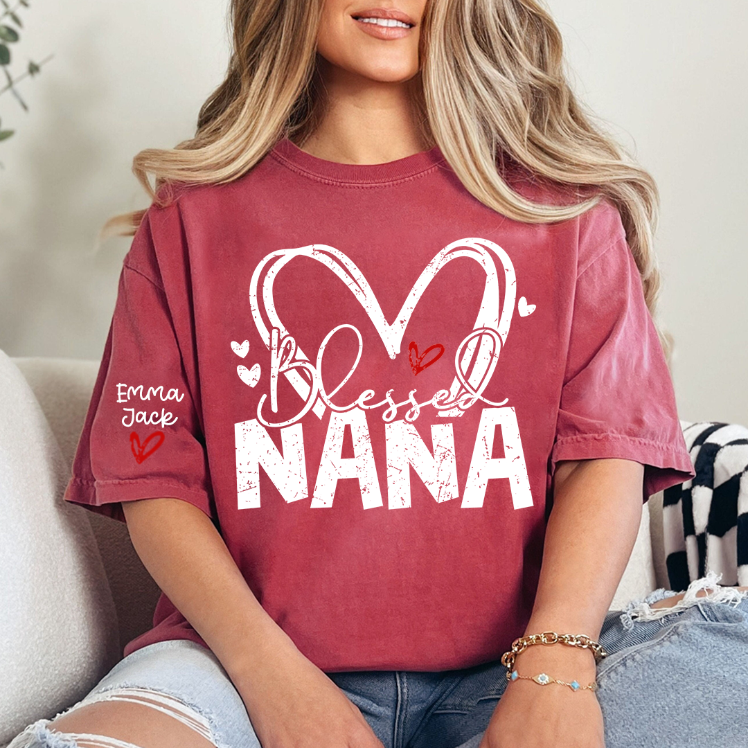 Blessed Nana Shirt, Personalized Family T Shirt with Custom Grandkids Names and Heart Design