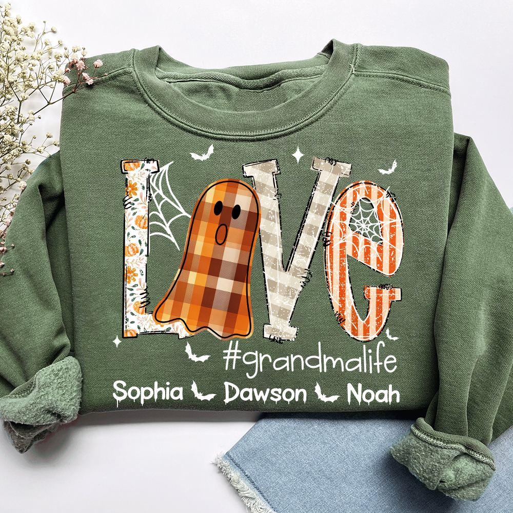 Personalized Grandma Halloween Outfit, Cute Ghost Sweatshirt with Grandkids Names