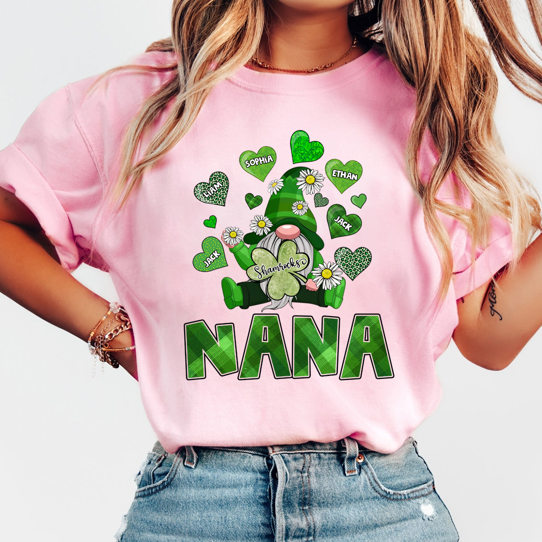 Nana Shamrock Shirt for St Patrick’s Day, Personalized Family Gnome T Shirt, for Grandma and Kids