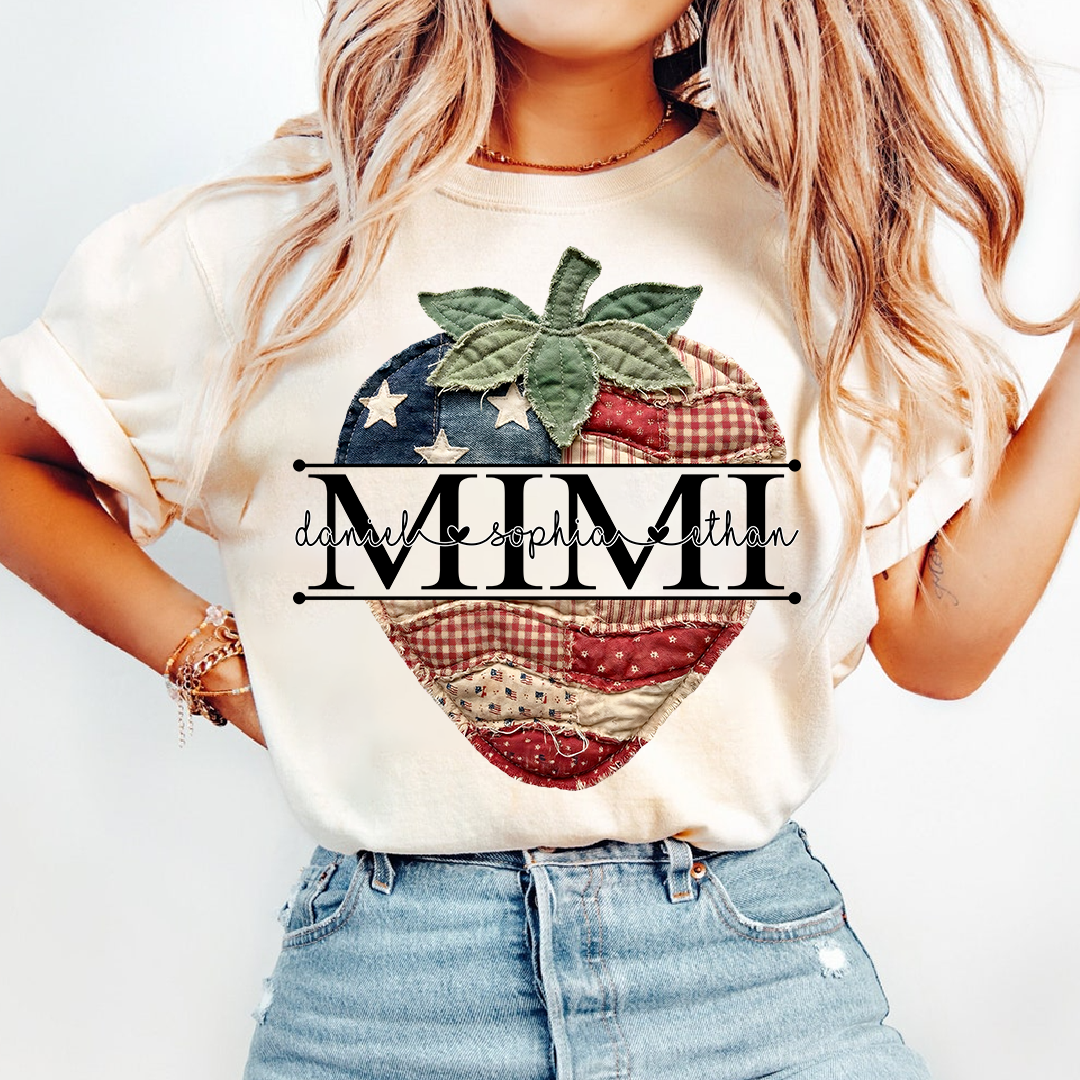 Custom 4th of July Mimi Strawberry T-Shirt, Personalized Patriotic Red White Blue Tshirt