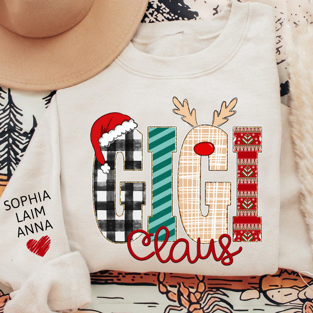 Gigi Claus Christmas Sweatshirt – Personalized Holiday  with Child’s Name on Sleeve Sweatshirts