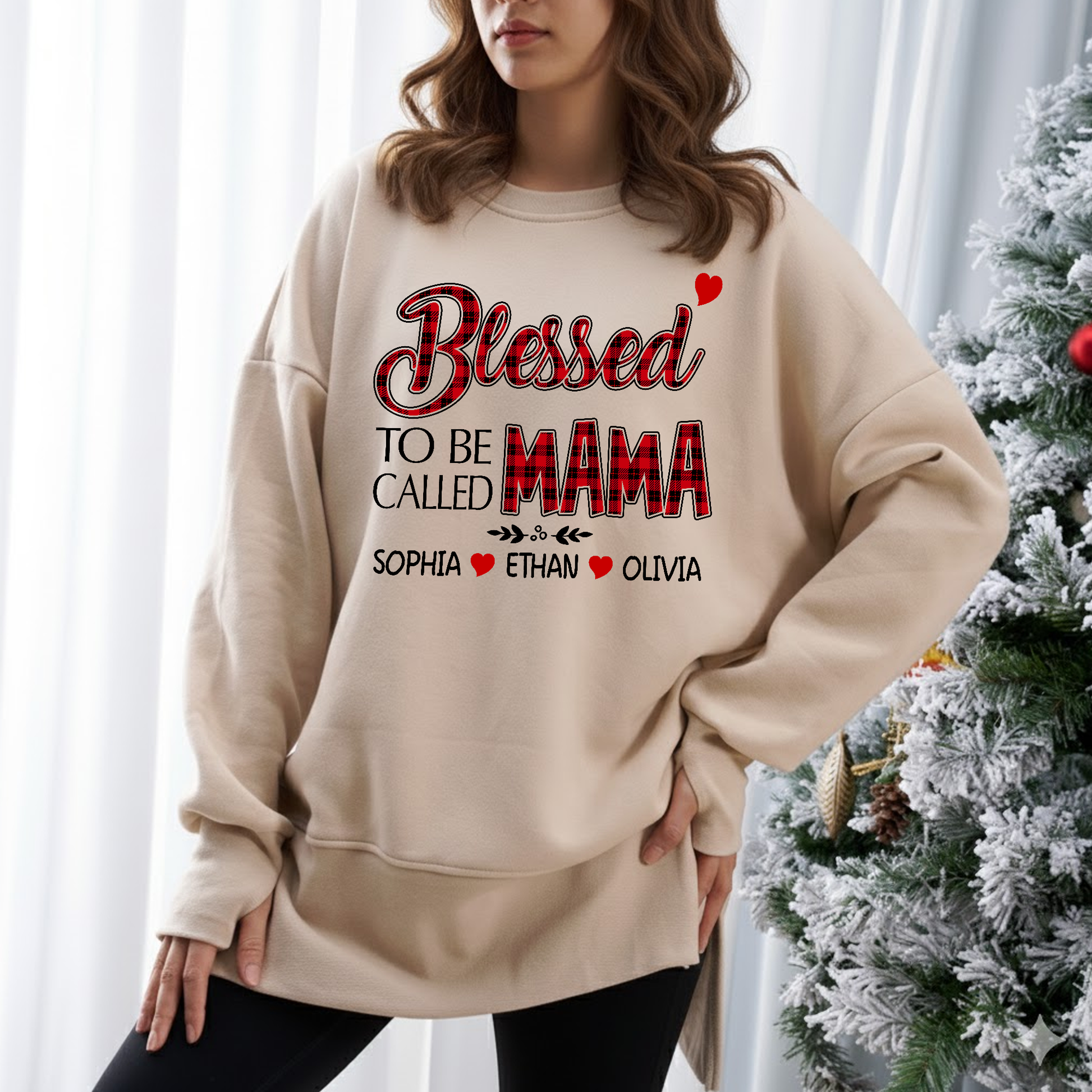 Blessed To Be Called Mama Sweatshirt – Personalized Oversized Pullover with Kids’ Names, Cozy Thumbhole Long Sleeve for Moms