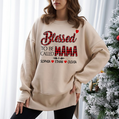 Blessed To Be Called Mama Sweatshirt – Personalized Oversized Pullover with Kids’ Names, Cozy Thumbhole Long Sleeve for Moms