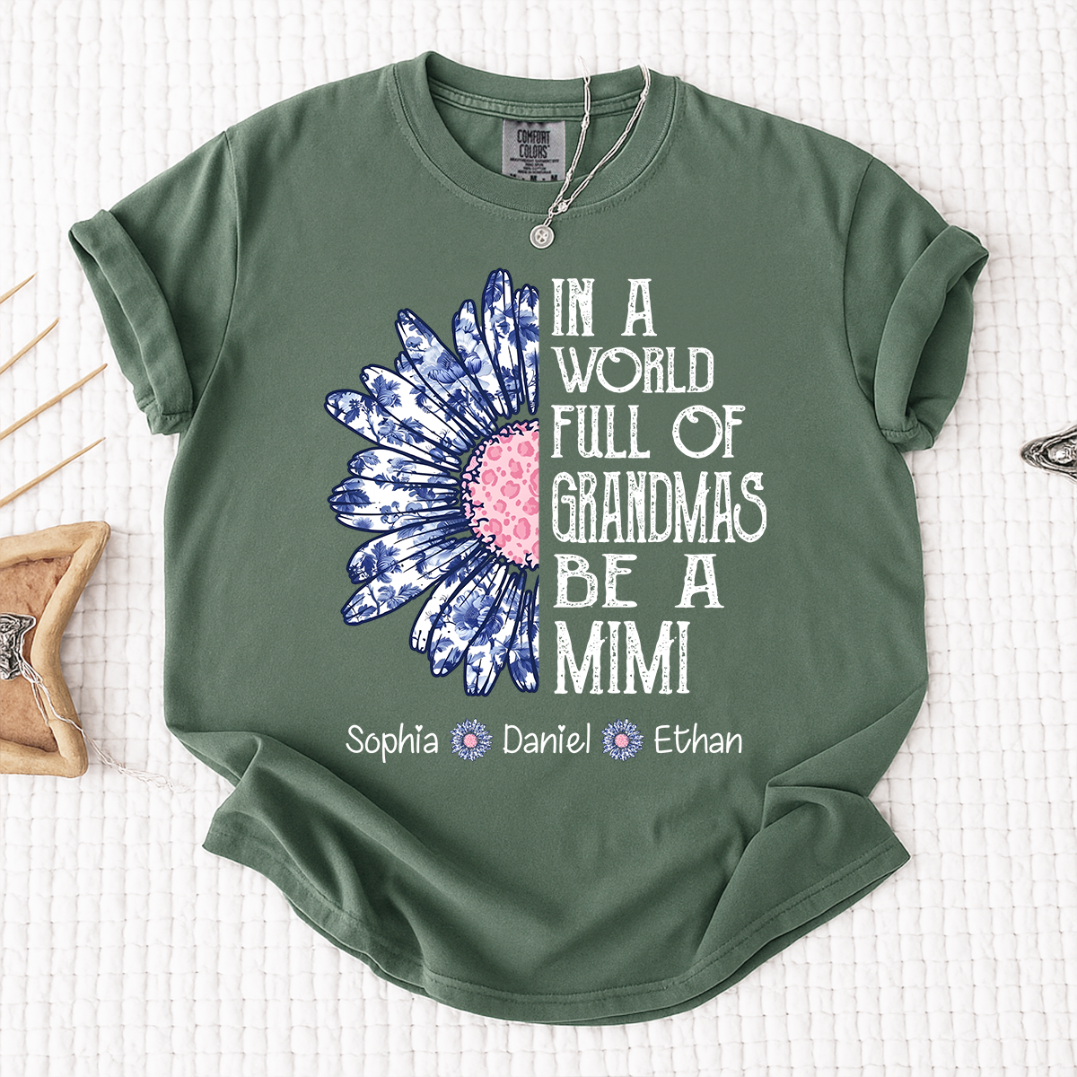 Comfort Colors Custom Mimi Shirt with Grandkids Names In a World Full of Grandmas Be a Mimi Daisy Flower Design Personalized Family Tee